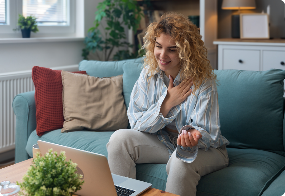 A Relaxed woman gesturing during online call